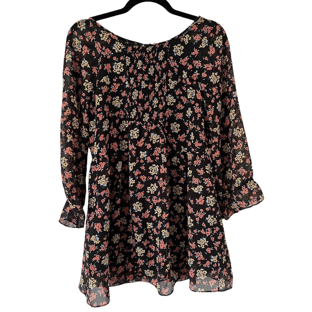 Free People Black Floral Smocked Long Sleeve Tunic Mini Dress Size Small
